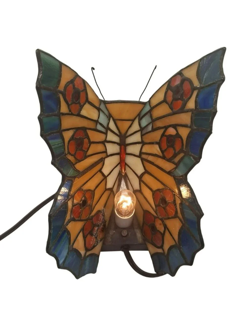 Tiffany Style Butterfly Stained Glass Lamp Bronze Floral Base  Vintage Quoizel